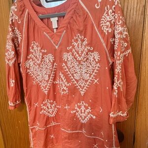Chico's Peach Tunic with White Embroidered Motifs